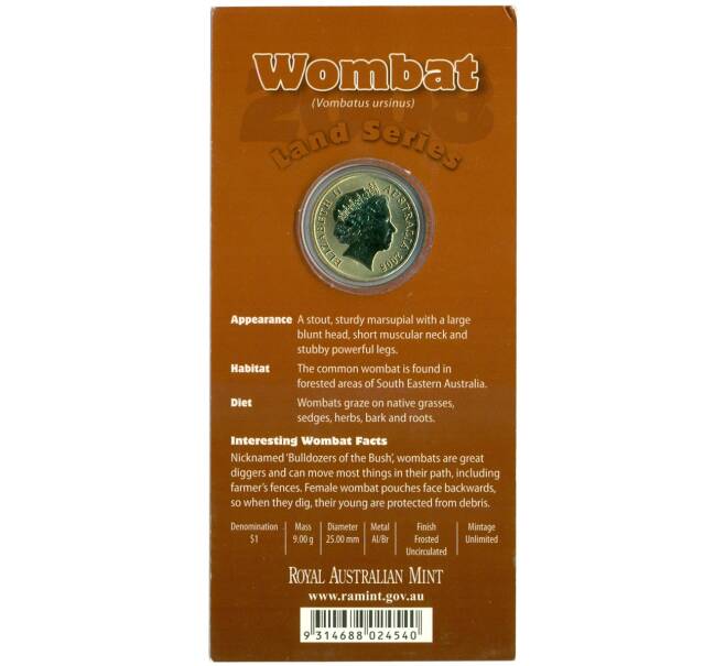 Монета 1 доллар 2008 года Австралия «Животные — Вомбат» (в блистере) (Артикул: M2-89957) — Фото №2