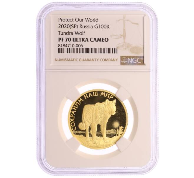 Монета 100 рублей 2020 года СПМД «Сохраним наш мир — Полярный волк» в слабе NGC (PF70 ULTRA CAMEO) (Артикул: K10-0505)