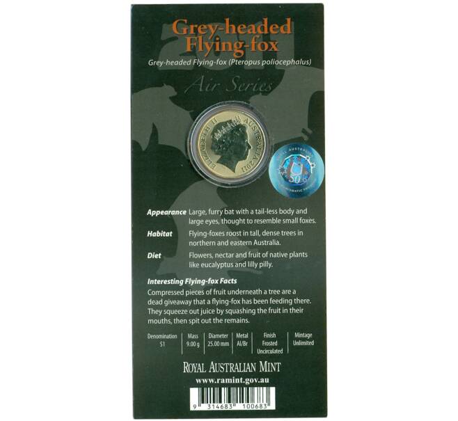 Монета 1 доллар 2011 года Австралия «Воздушная серия — Летучая лисица» (Артикул: M2-89979) — Фото №2