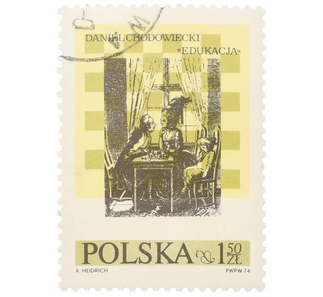 Почтовая марка 1.5 злотых 1974 года Польша «10-й Международный шахматный фестиваль в Люблине — Образование (Даниэль Миколай Ходовецкий)» (Артикул: K12-70497) — Фото №1