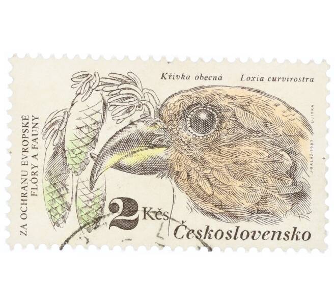Почтовая марка 2 кроны 1983 года Чехословакия «Красная клестница (Loxia curvirostra) и еловая ветка» (Артикул: K12-70540) — Фото №1