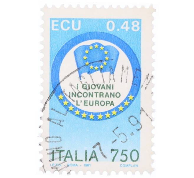 Почтовая марка 750 лир (0.48 ЭКЮ) 1991 года Италия «Европейская молодежная встреча» (Артикул: K12-70550) — Фото №1