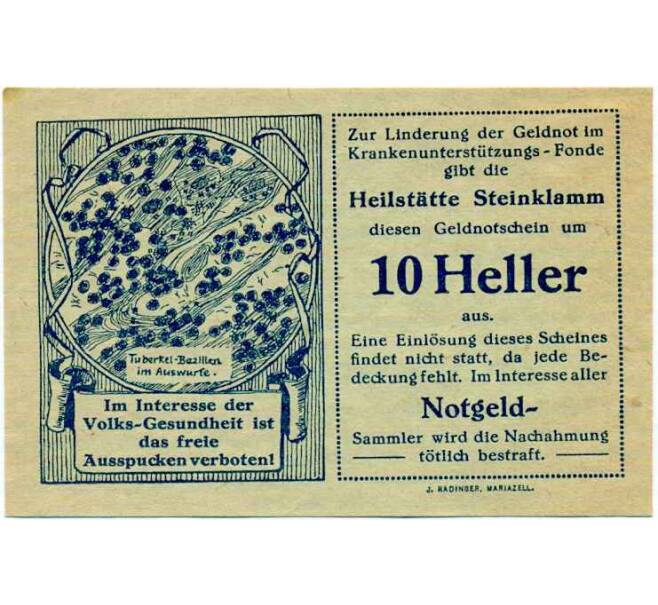 Банкнота 10 геллеров 1920 года Австрия — Штайнкламм (Нотгельд) (Артикул: B2-13977) — Фото №1