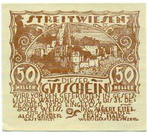 50 геллеров 1920 года Австрия — Штрайтвизен (Нотгельд) — Фото №1