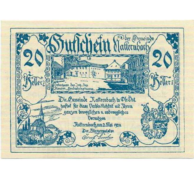 Банкнота 20 геллеров 1920 года Австрия — Коммуна Наттернбах (Нотгельд) (Артикул: B2-14220) — Фото №1