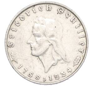 2 рейхсмарки 1934 года F Германия «175 лет со дня рождения Фридриха Шиллера» — Фото №1