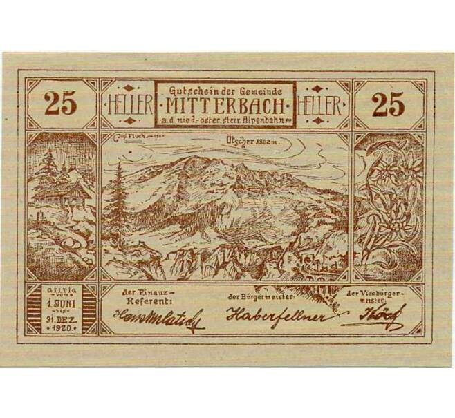 Банкнота 25 геллеров 1920 года Австрия — Коммуна Миттербах (Нотгельд) (Артикул: B2-14455) — Фото №1