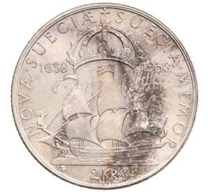 2 кроны 1938 года Швеция «300 лет поселению Делавэр» — Фото №1