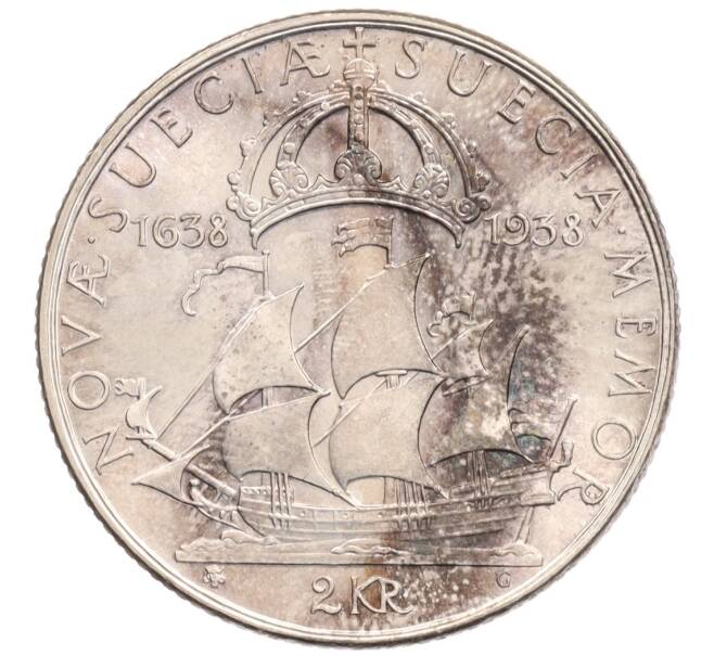Монета 2 кроны 1938 года Швеция «300 лет поселению Делавэр» (Артикул: K10-5286) — Фото №1