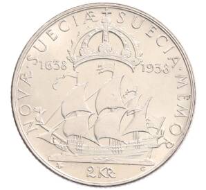 2 кроны 1938 года Швеция «300 лет поселению Делавэр» — Фото №1