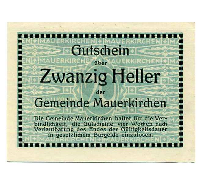 Банкнота 20 геллеров 1920 года Австрия — Коммуна Мауэркирхен (Нотгельд) (Артикул: B2-14728) — Фото №2