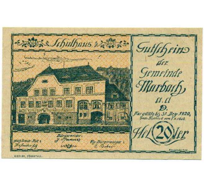 Банкнота 20 геллеров 1920 года Австрия — Коммуна Марбах (Нотгельд) (Артикул: B2-14817) — Фото №1