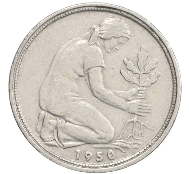 Монета 50 пфеннигов 1950 года F Западная Германия (ФРГ) (Артикул: K10-6761) — Фото №1