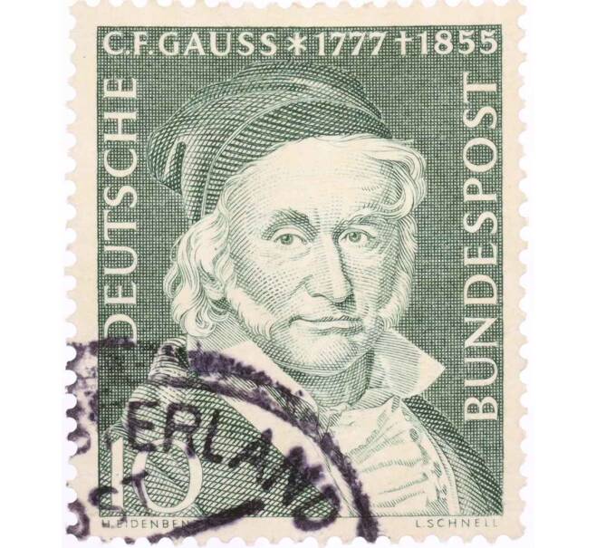 Почтовая марка 10 пфеннигов 1955 года Западная Германия (ФРГ) «Карл Фридрих Гаусс» (Артикул: T11-26059) — Фото №1
