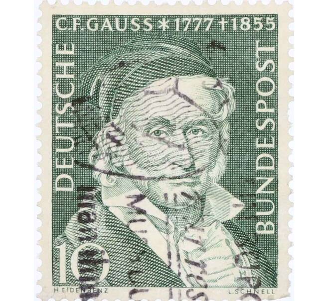 Почтовая марка 10 пфеннигов 1955 года Западная Германия (ФРГ) «Карл Фридрих Гаусс» (Артикул: T11-26076) — Фото №1