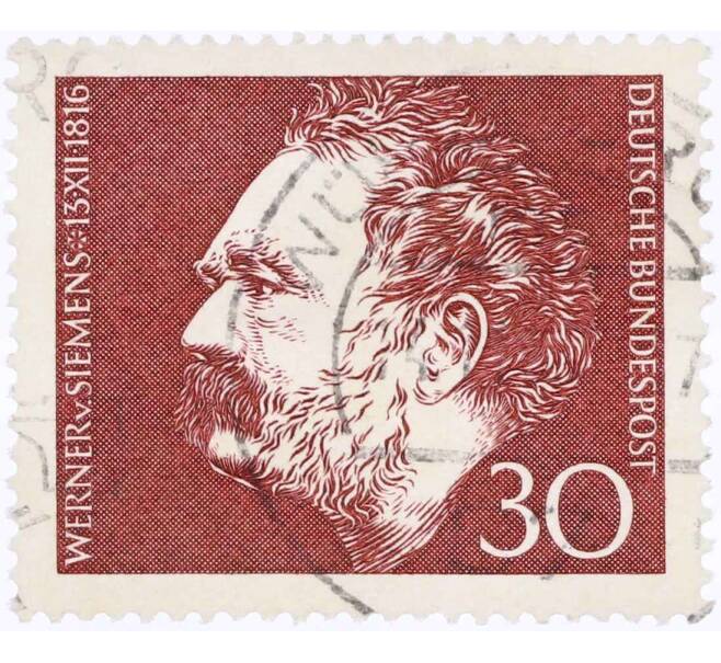 Почтовая марка 30 пфеннигов 1966 года Западная Германия (ФРГ) «150 лет со дня рождения Вернера фон Сименса» (Артикул: T11-26086) — Фото №1