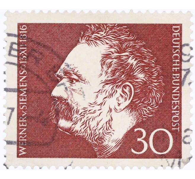Почтовая марка 30 пфеннигов 1966 года Западная Германия (ФРГ) «150 лет со дня рождения Вернера фон Сименса» (Артикул: T11-26087) — Фото №1