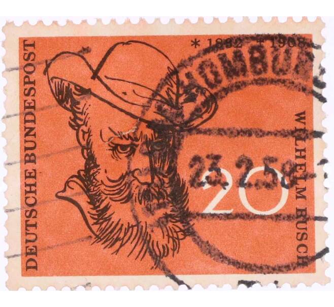 Почтовая марка 20 пфеннигов 1958 года Западная Германия (ФРГ) «Вильгельм Буш» (Артикул: T11-26099) — Фото №1