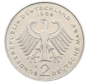 2 марки 1986 года G Западная Германия (ФРГ) «Курт Шумахер» — Фото №2