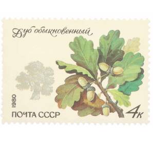 Почтовая марка 4 копейки 1980 года «Охраняемые породы деревьев и кустарников — Обыкновенный дуб» — Фото №1