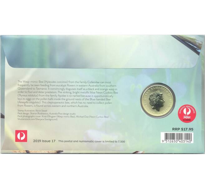 1 доллар 2019 года Тувалу — Пчелы в подарочном конверте с маркой (Артикул M2-33382)