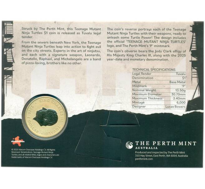 Монета 1 доллар 2025 года Тувалу «Черепашки-ниндзя» (в блистере) (Артикул: M2-90995)