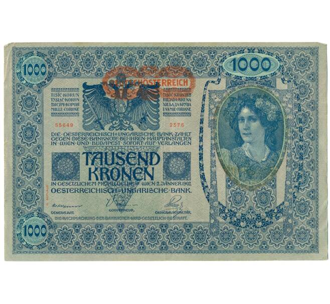 Банкнота 1000 крон 1919 года Австрия (Надпечатка на 1000 крон 1902 года) (Артикул: B2-14952) — Фото №1