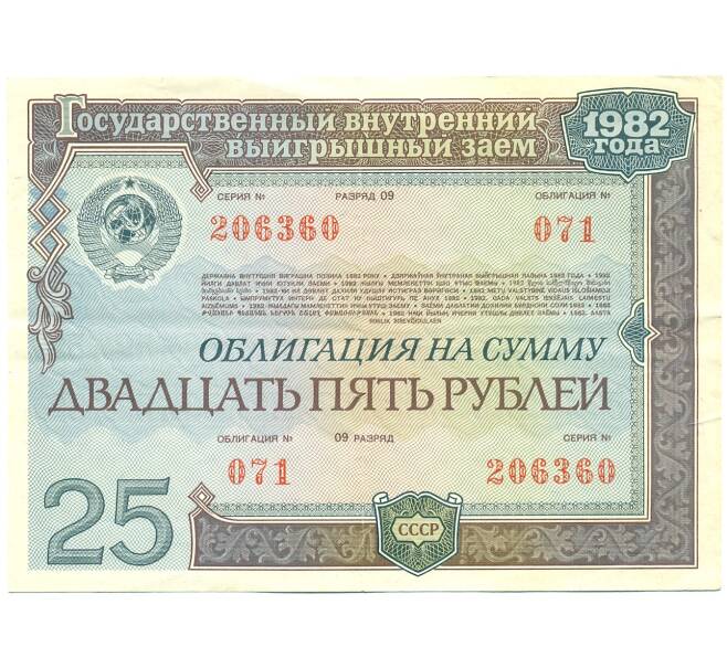 Облигация 25 рублей 1982 года «Внутренний выигрышный заем» (Артикул: T11-28730) — Фото №1