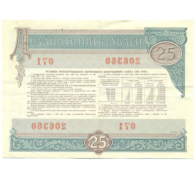 Облигация 25 рублей 1982 года «Внутренний выигрышный заем» (Артикул: T11-28730) — Фото №2