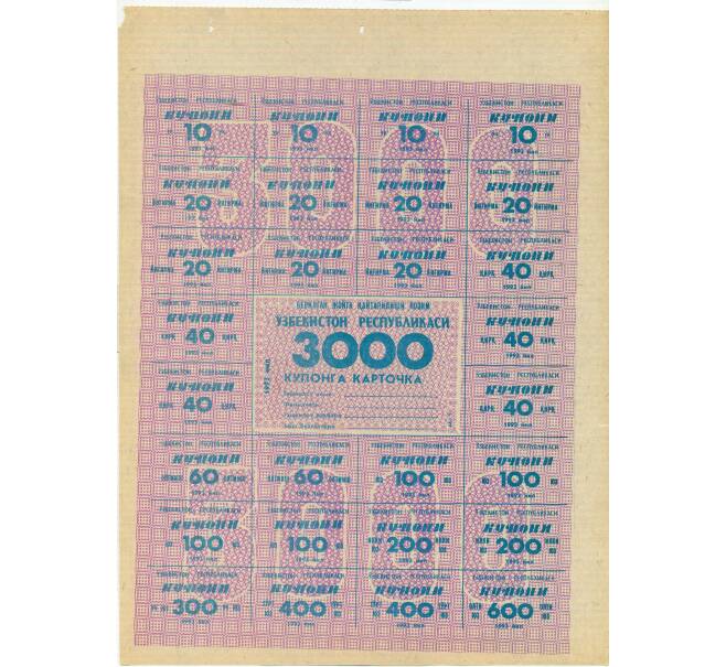 Банкнота Карточка на 3000 купонов 1993 года Узбекистан (Артикул: K12-73338) — Фото №1