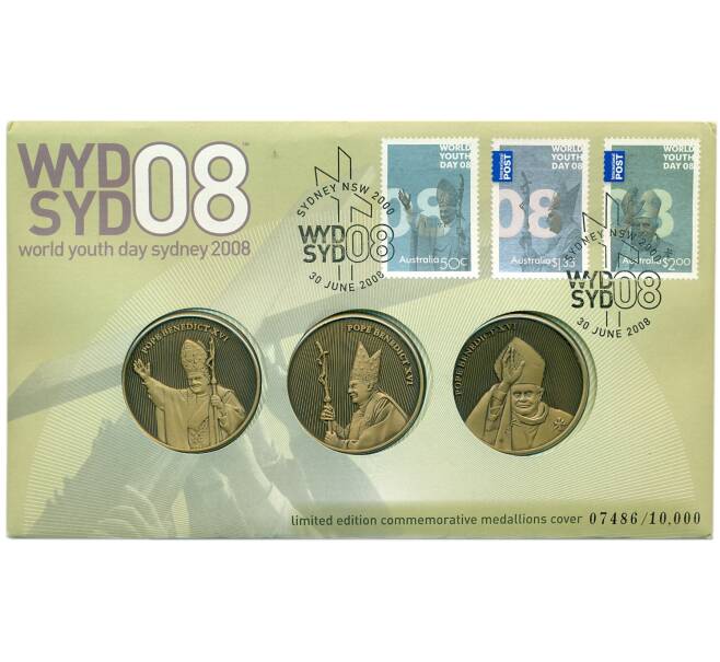 Набор из 3 памятных медалей 2008 года Австралия «Всемирный день молодежи — Бенедикт XVI» (в конверте с марками) (Артикул: H2-1262) — Фото №1