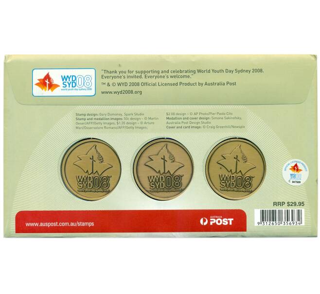 Набор из 3 памятных медалей 2008 года Австралия «Всемирный день молодежи — Бенедикт XVI» (в конверте с марками) (Артикул: H2-1262) — Фото №2
