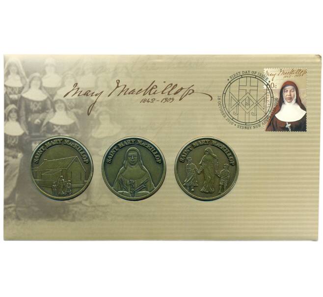 Набор из 3 памятных медалей 2010 года Австралия «Монахиня Мария Маккиллоп» (в конверте с маркой) (Артикул: H2-1263) — Фото №1