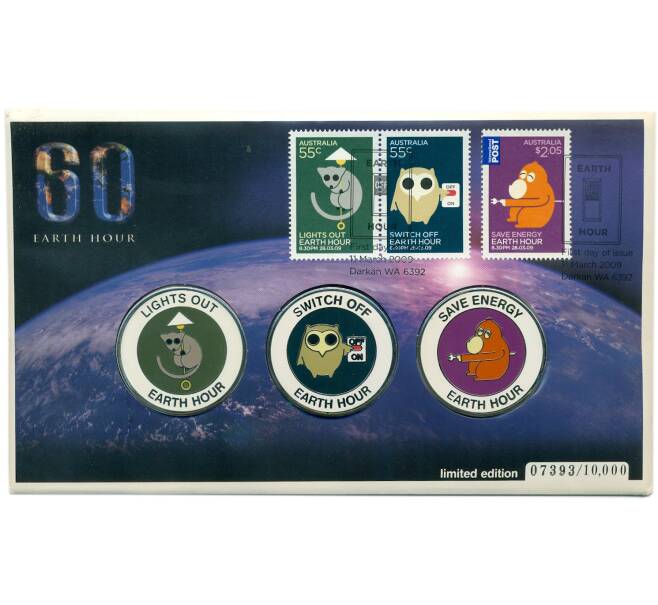 Набор из 3 памятных медалей 2009 года Австралия «Час Земли» (в конверте с маркой) (Артикул: H2-1264) — Фото №1