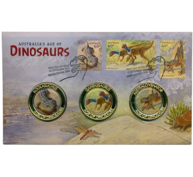 Набор из 3 памятных медалей 2013 года Австралия «Динозавры» (в конверте с марками) (Артикул: H2-1265) — Фото №1