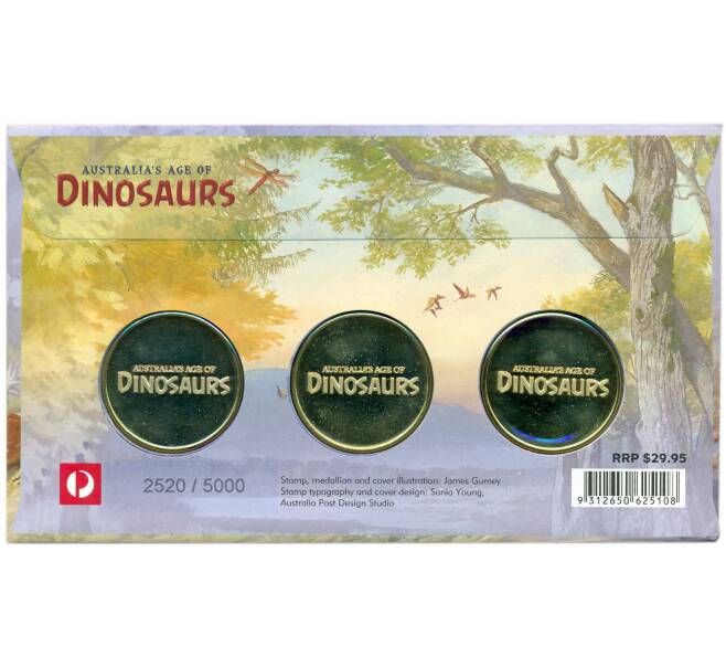 Набор из 3 памятных медалей 2013 года Австралия «Динозавры» (в конверте с марками) (Артикул: H2-1265) — Фото №2