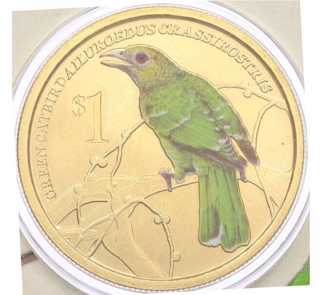 Монета 1 доллар 2013 года Тувалу «Австралийские Водяные Птицы — Зеленая птица-кошка (Ailuroedus crassirostris)» (в конверте с маркой) (Артикул: M2-91334) — Фото №1
