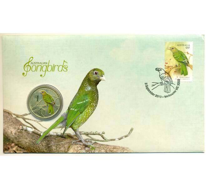 Монета 1 доллар 2013 года Тувалу «Австралийские Водяные Птицы — Зеленая птица-кошка (Ailuroedus crassirostris)» (в конверте с маркой) (Артикул: M2-91334)