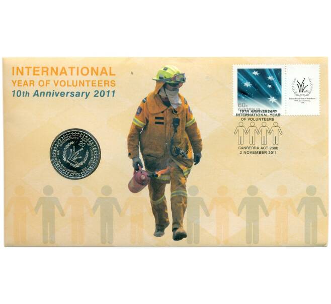 Монета 20 центов 2011 года Австралия «10 лет Международному году волонтеров» (в конверте с маркой) (Артикул: M2-91373)