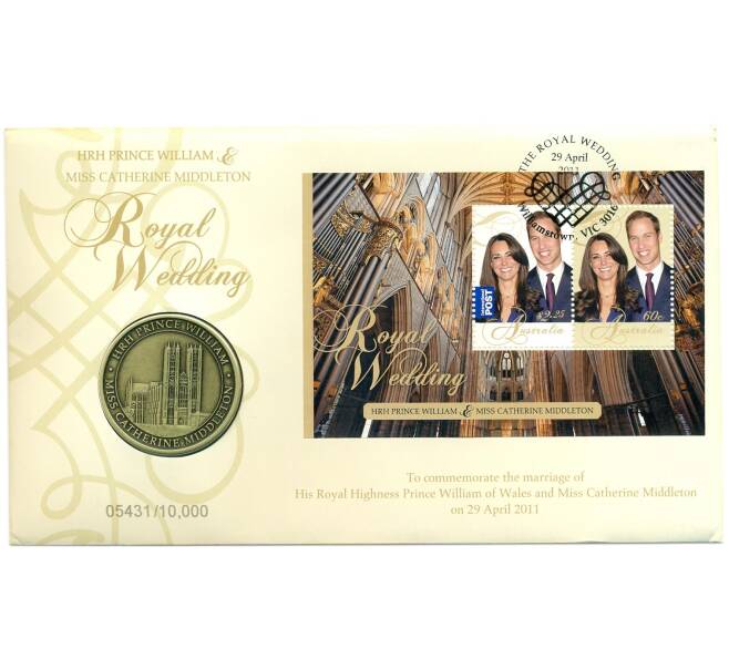 Памятная медаль 2011 года Австралия «Свадьба принца Уильяма и Кэтрин Миддлтон» (в конверте с марками) (Артикул: H2-1269)