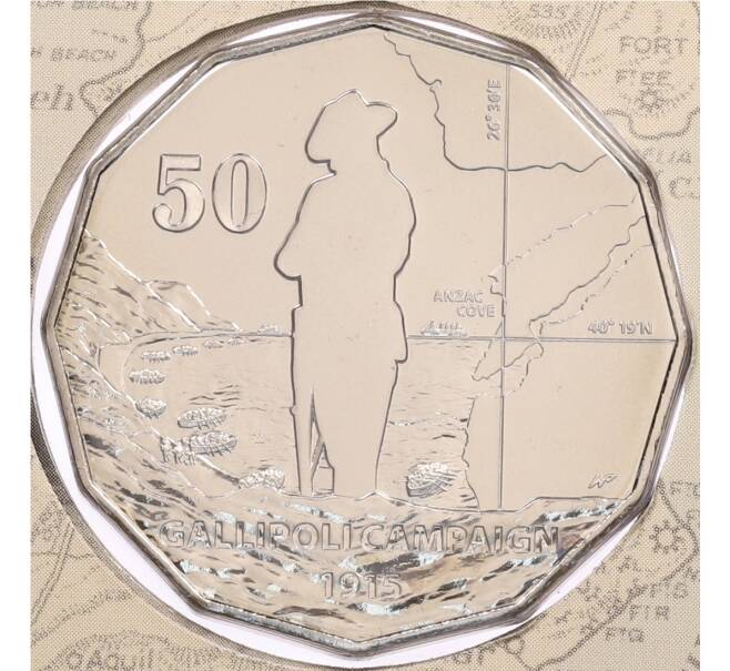 Монета 50 центов 2014 года Австралия «Австралия в войне — Галлиполи» (в конверте с маркой) (Артикул: M2-91396) — Фото №1