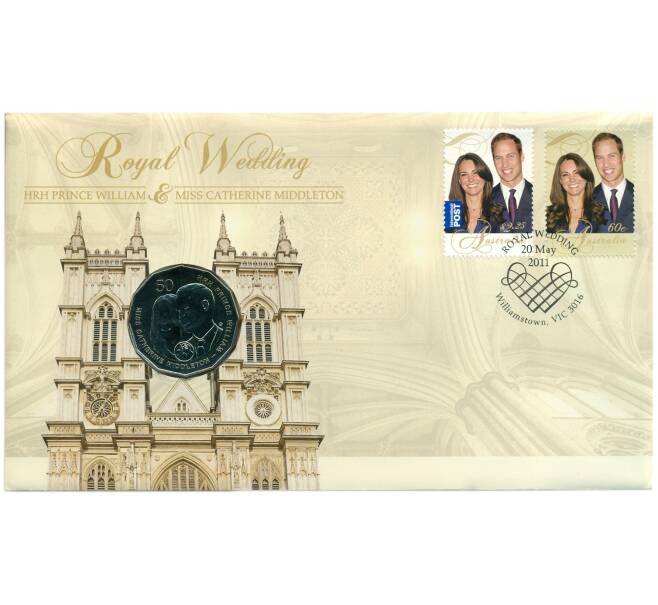 Монета 50 центов 2011 года Австралия «Свадьба принца Уильяма и Кэтрин Миддлтон» (в конверте с марками) (Артикул: M2-91397)