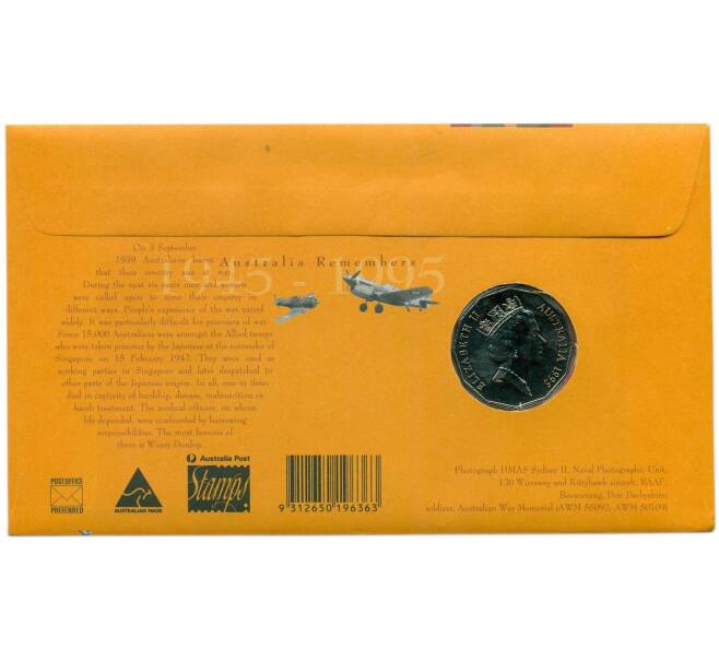 Монета 50 центов 1995 года Австралия «50 лет со дня окончания Второй Мировой войны» (в конверте с маркой) (Артикул: M2-91400)