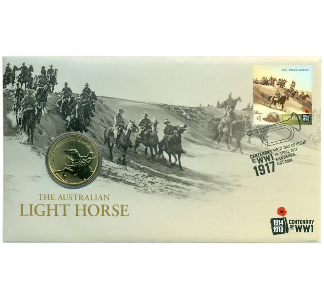 Монета 1 доллар 2017 года Австралия «100 лет австралийской легкой кавалерии» (в конверте с маркой) (Артикул: M2-91401)