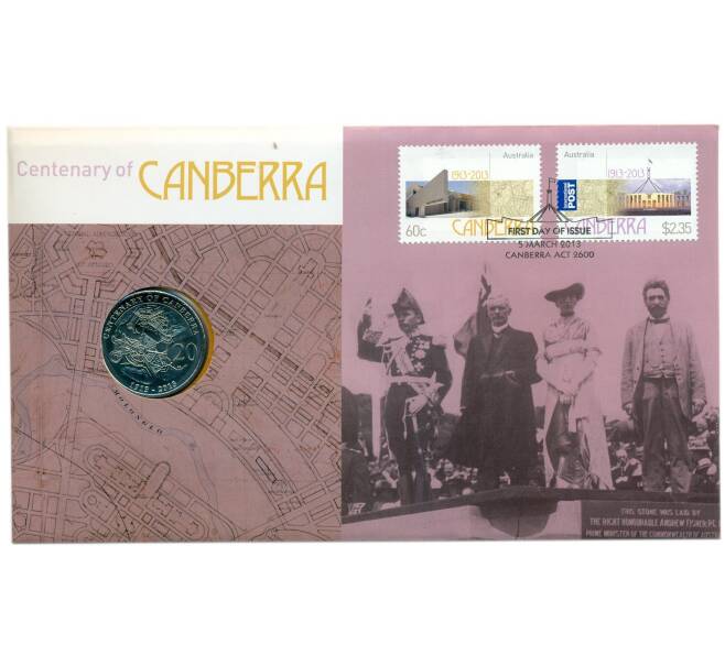 Монета 20 центов 2013 года Австралия «100 лет Канберре» (в конверте с марками) (Артикул: M2-91403)