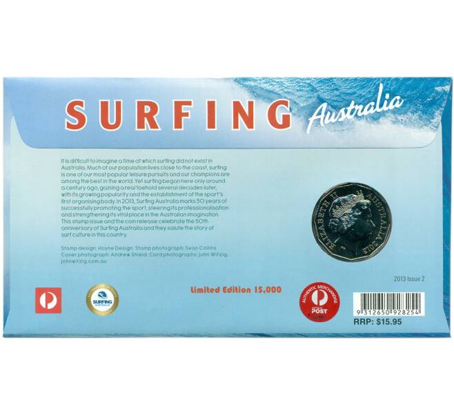 Монета 50 центов 2013 года Австралия «50 лет австралийскому серфингу» (в конверте с маркой) (Артикул: M2-91404)