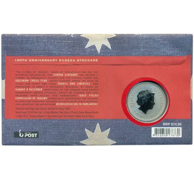 Монета 5 долларов 2004 года Австралия «150 лет Эврикскому восстанию» (в конверте с марками) (Артикул: M2-91407)