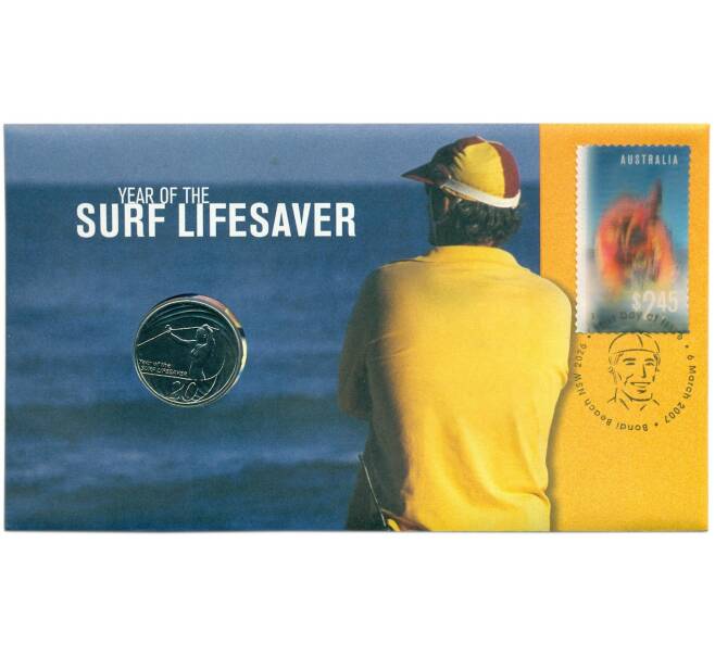 Монета 20 центов 2007 года Австралия «Год пляжных спасателей» (в конверте с маркой) (Артикул: M2-91409)
