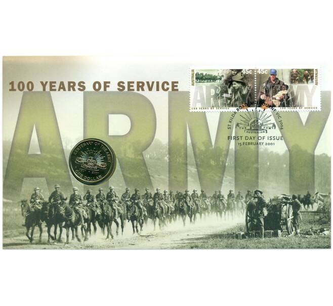 Монета 1 доллар 2001 года Австралия «100 лет армии» (в конверте с марками) (Артикул: M2-91414)