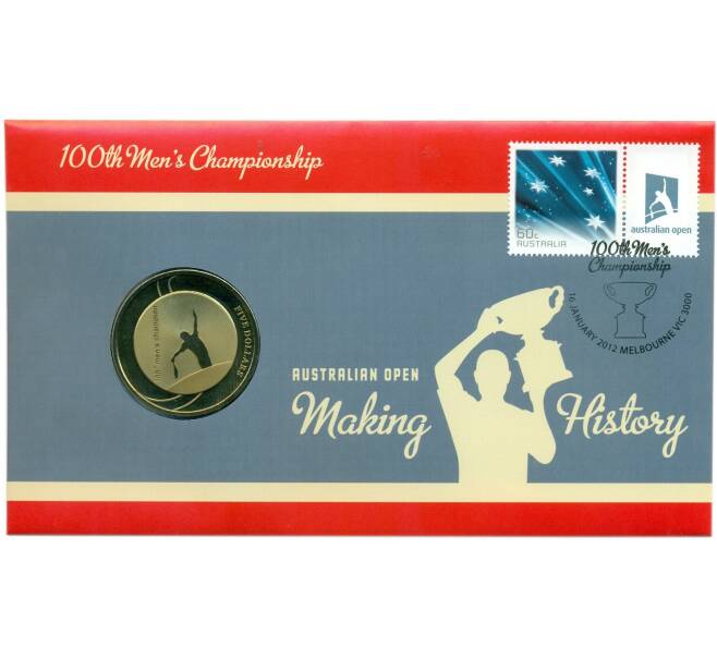 Монета 5 долларов 2012 года Австралия «100 лет Мужскому чемпионату Австралии по теннису» (в конверте с маркой) (Артикул: M2-91415)